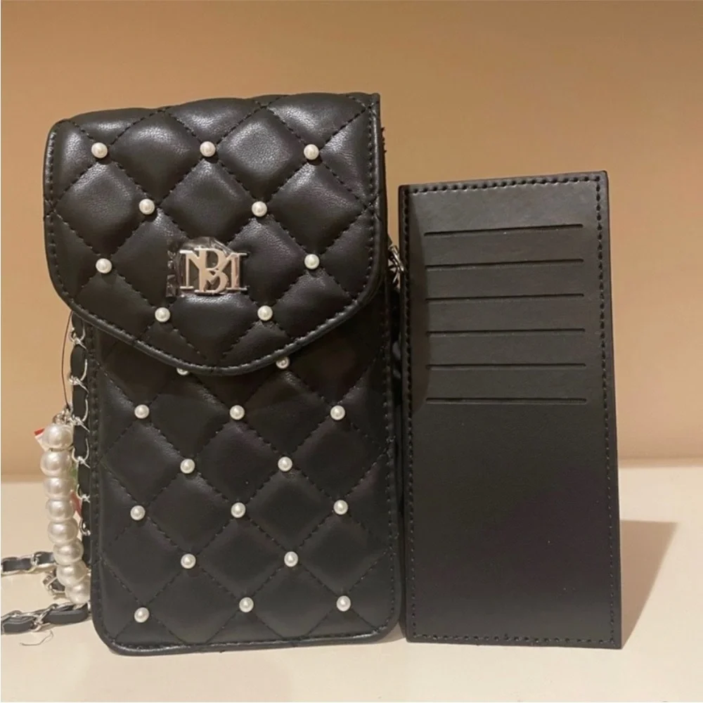 Quilted Pearl-Trim Black Crossbody Phone Bag - Unbranded - Picture 5 of 16